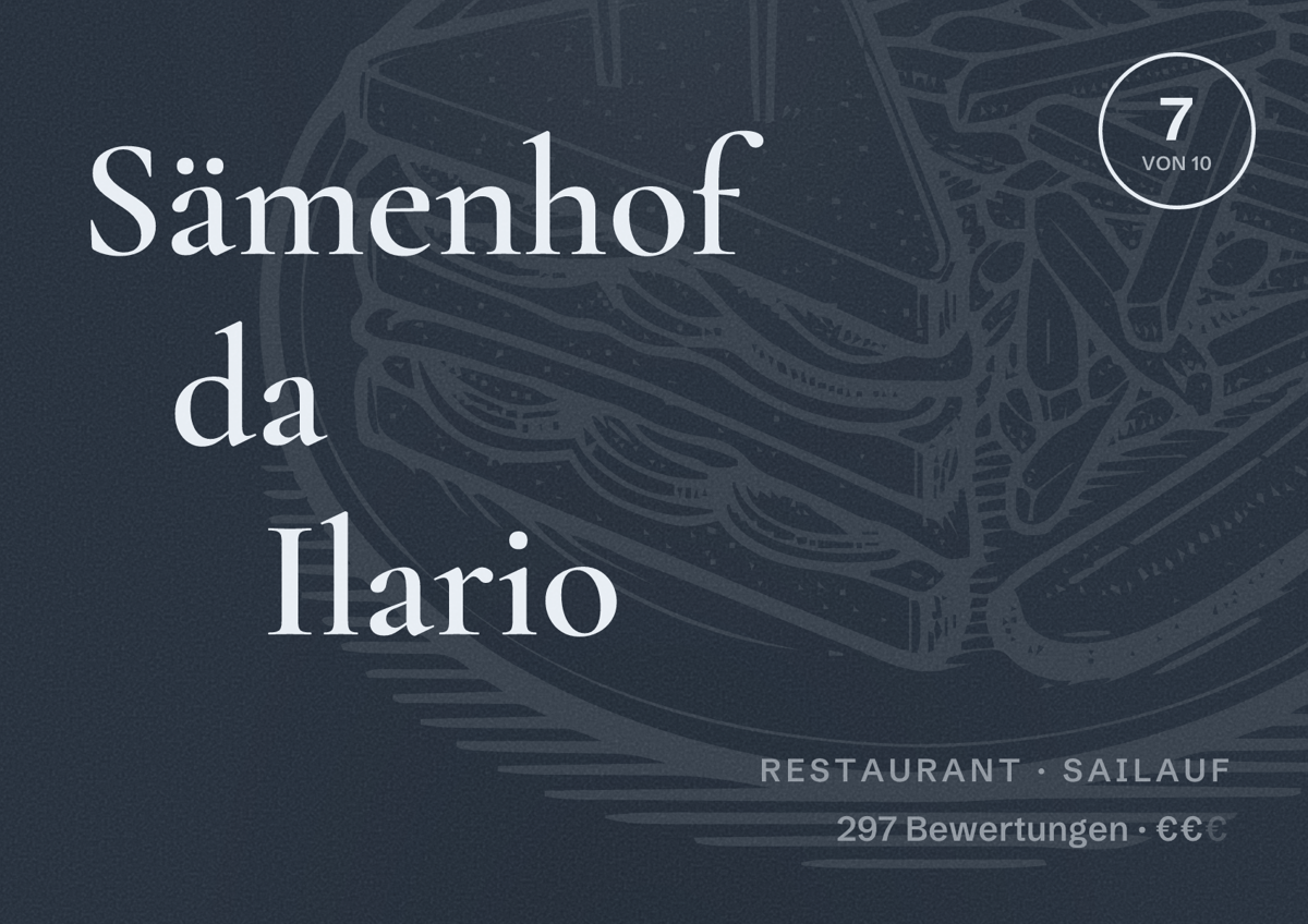 Illustriertes Poster von Sämenhof da Ilario, Restaurant in Sailauf: Bewertung 7 von 10 aus 297 Bewertungen, Preisniveau €€