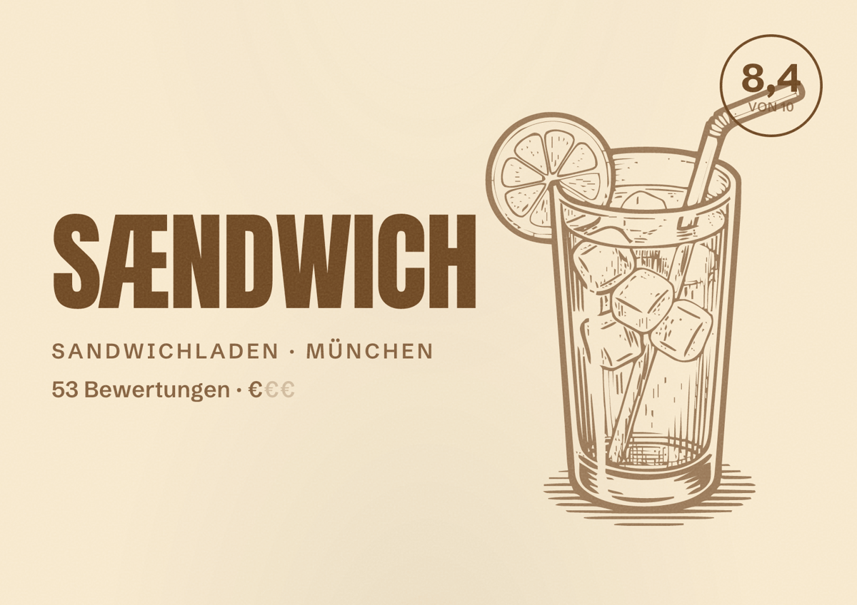 Illustriertes Poster von SÆNDWICH, Sandwichladen in München: Bewertung 8,4 von 10 aus 53 Bewertungen, Preisniveau €