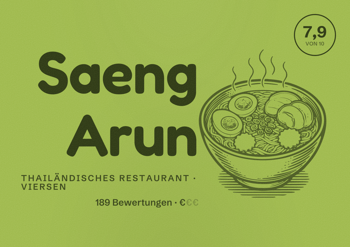 Illustriertes Poster von Saeng Arun, Thailändisches Restaurant in Viersen: Bewertung 7,9 von 10 aus 189 Bewertungen, Preisniveau €