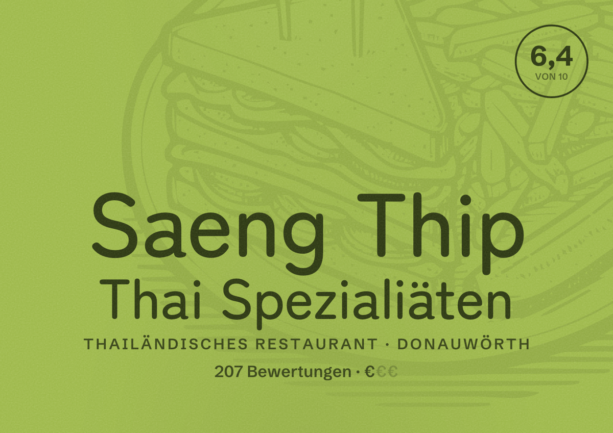 Illustriertes Poster von Saeng Thip Thai Spezialiäten, Thailändisches Restaurant in Donauwörth: Bewertung 6,4 von 10 aus 207 Bewertungen, Preisniveau €