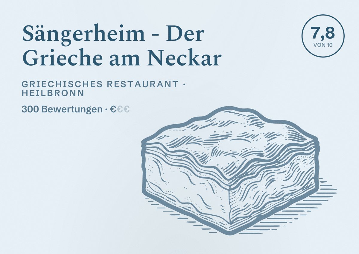 Illustriertes Poster von Sängerheim - Der Grieche am Neckar, Griechisches Restaurant in Heilbronn: Bewertung 7,8 von 10 aus 300 Bewertungen, Preisniveau €