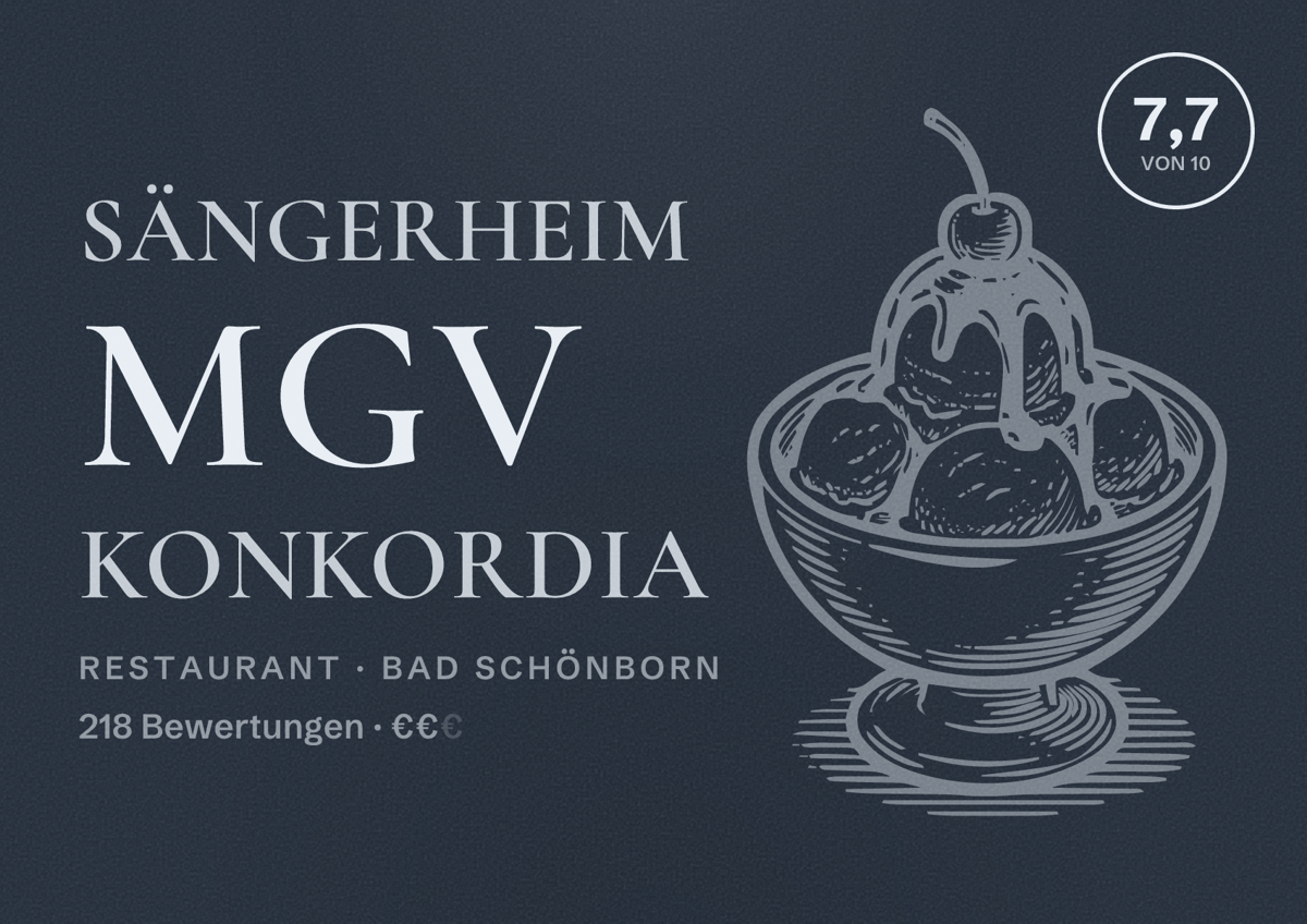 Illustriertes Poster von Sängerheim MGV Konkordia, Restaurant in Bad Schönborn: Bewertung 7,7 von 10 aus 218 Bewertungen, Preisniveau €€