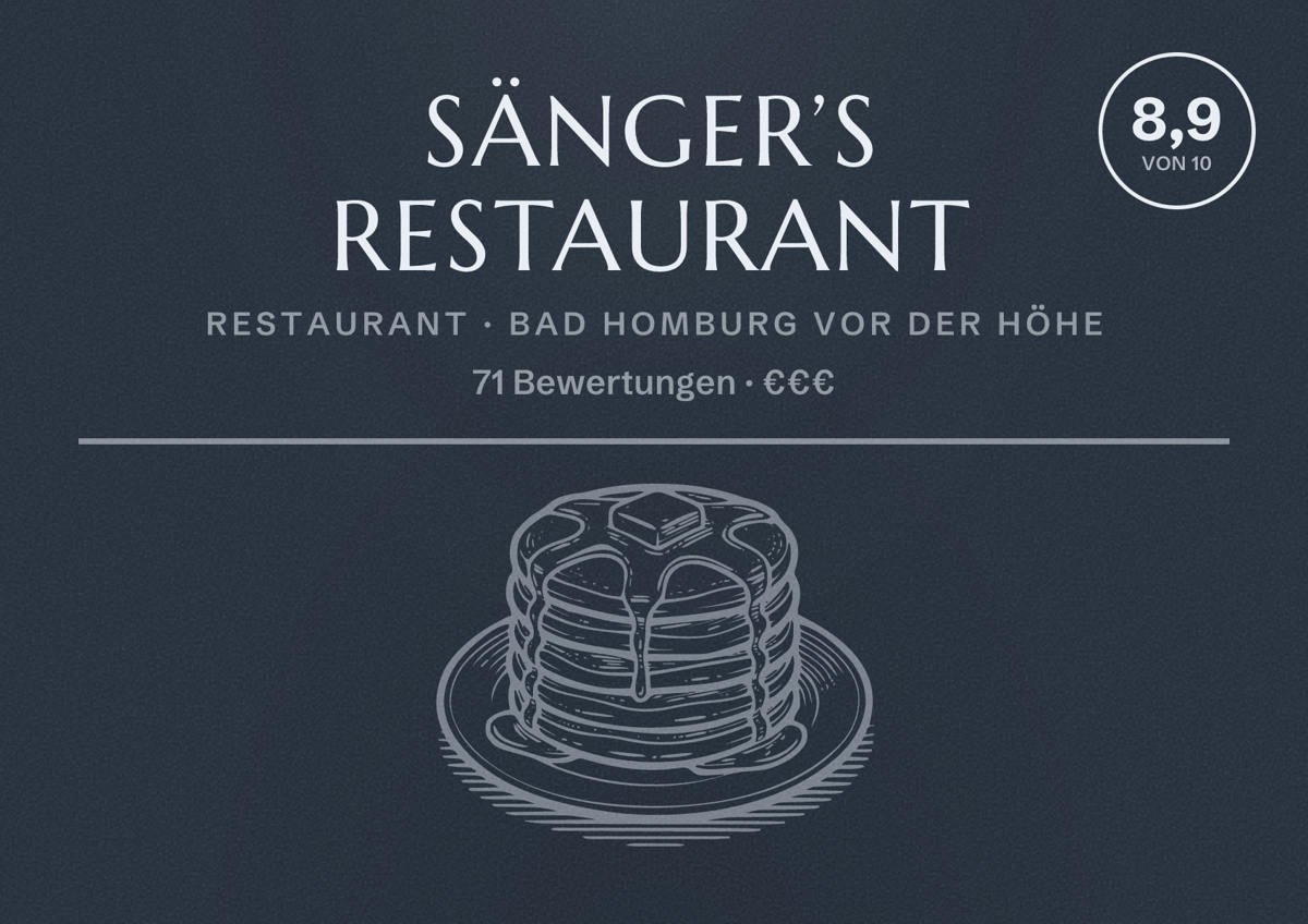 Illustriertes Poster von Sänger’s Restaurant, Restaurant in Bad Homburg vor der Höhe: Bewertung 8,9 von 10 aus 71 Bewertungen, Preisniveau €€€