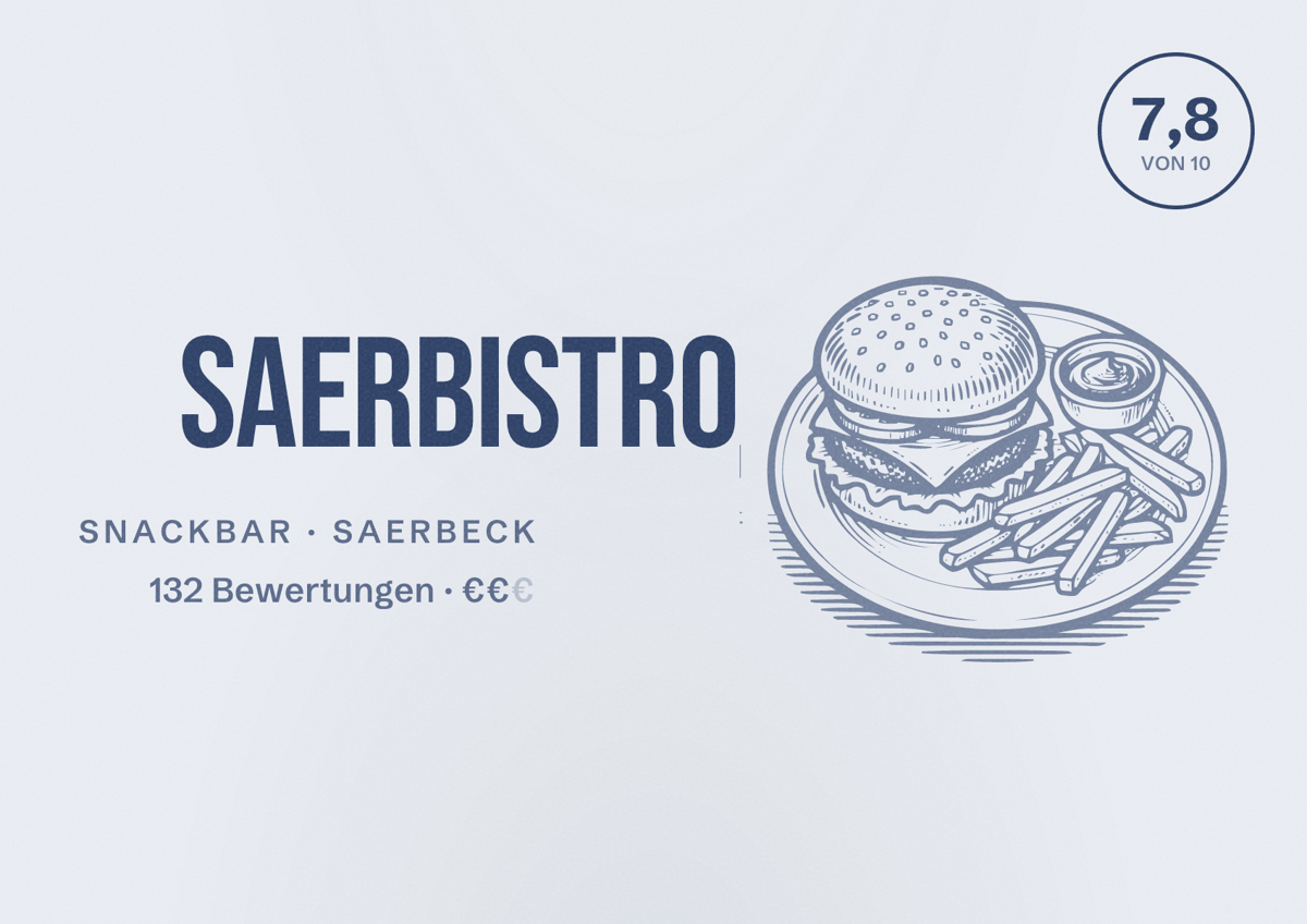 Illustriertes Poster von Saerbistro, Snackbar in Saerbeck: Bewertung 7,8 von 10 aus 132 Bewertungen, Preisniveau €€
