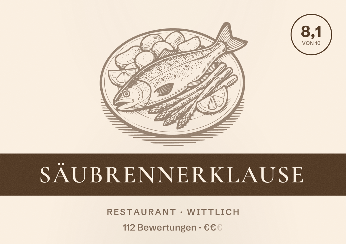 Illustriertes Poster von Säubrennerklause, Restaurant in Wittlich: Bewertung 8,1 von 10 aus 112 Bewertungen, Preisniveau €€