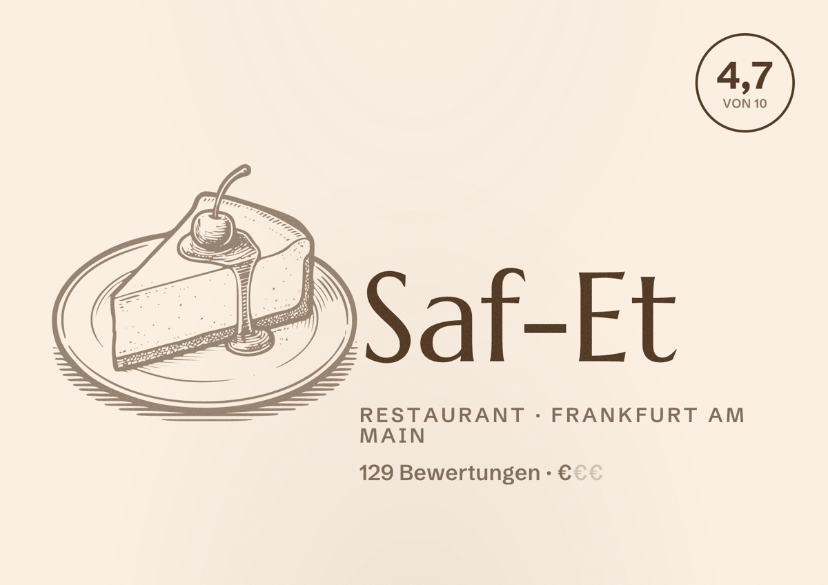 Illustriertes Poster von Saf-Et, Restaurant in Frankfurt am Main: Bewertung 4,7 von 10 aus 129 Bewertungen, Preisniveau €