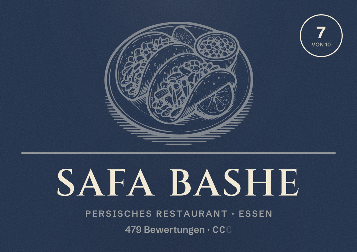 Illustriertes Poster von Safa bashe, Persisches Restaurant in Essen: Bewertung 7 von 10 aus 479 Bewertungen, Preisniveau €€