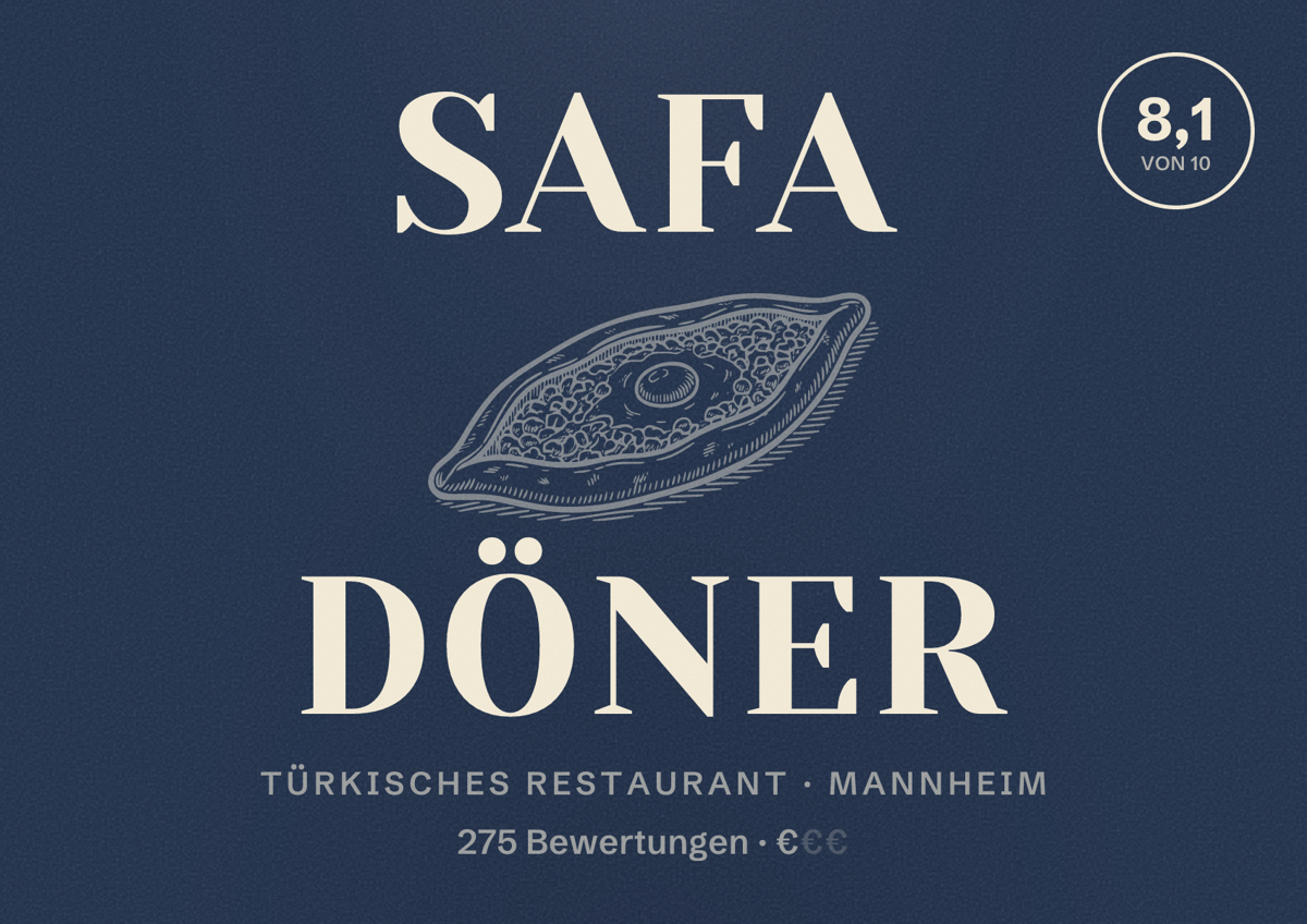 Illustriertes Poster von Safa Döner, Türkisches Restaurant in Mannheim: Bewertung 8,1 von 10 aus 275 Bewertungen, Preisniveau €