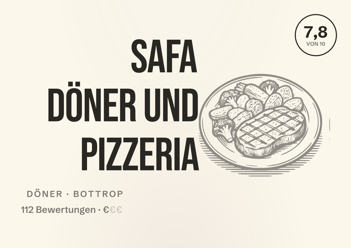 Illustriertes Poster von Safa Döner und Pizzeria, Döner in Bottrop: Bewertung 7,8 von 10 aus 112 Bewertungen, Preisniveau €