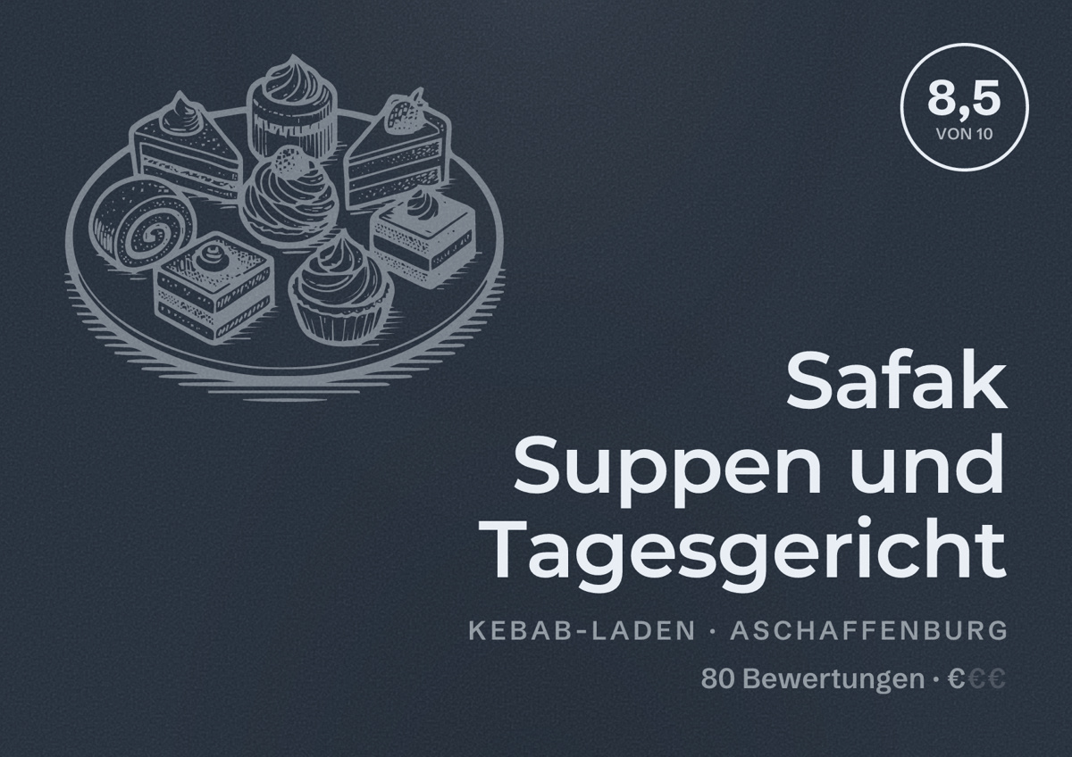 Illustriertes Poster von Safak Suppen und Tagesgericht, Kebab-Laden in Aschaffenburg: Bewertung 8,5 von 10 aus 80 Bewertungen, Preisniveau €