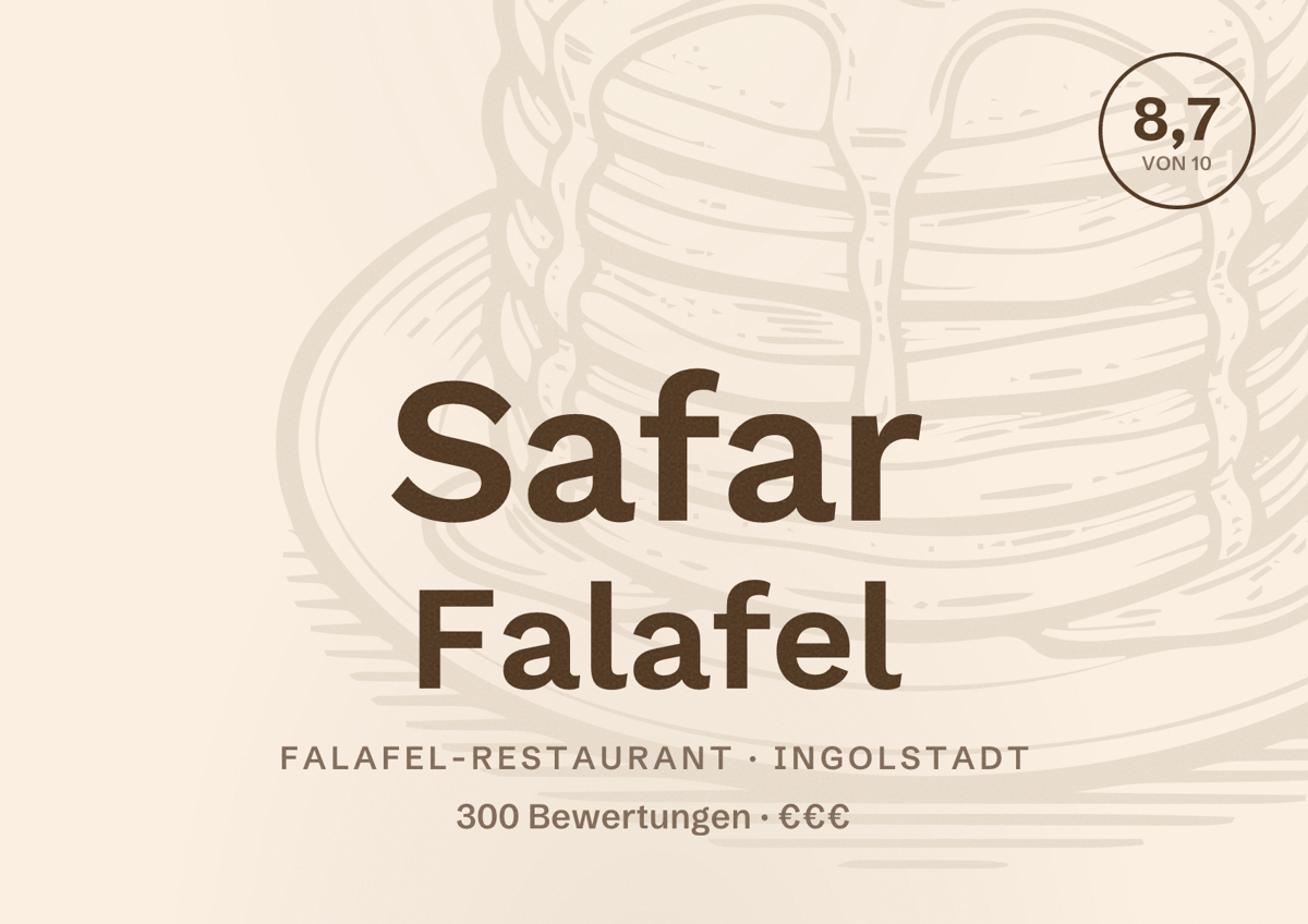 Illustriertes Poster von Safar Falafel, Falafel-Restaurant in Ingolstadt: Bewertung 8,7 von 10 aus 300 Bewertungen, Preisniveau €€€