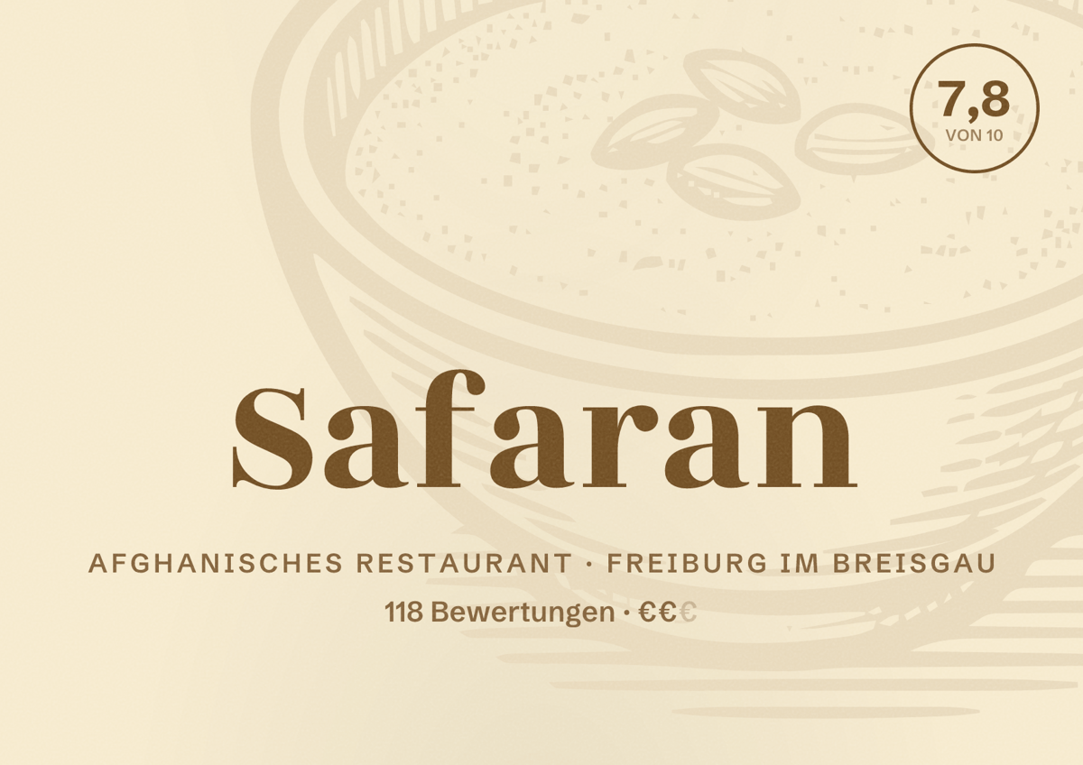 Illustriertes Poster von Safaran, Afghanisches Restaurant in Freiburg im Breisgau: Bewertung 7,8 von 10 aus 118 Bewertungen, Preisniveau €€