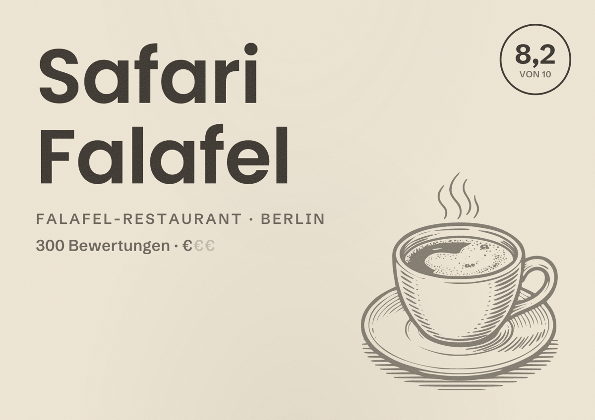 Illustriertes Poster von Safari Falafel, Falafel-Restaurant in Berlin: Bewertung 8,2 von 10 aus 300 Bewertungen, Preisniveau €