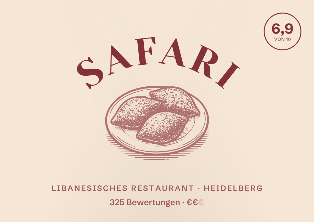 Illustriertes Poster von Safari, Libanesisches Restaurant in Heidelberg: Bewertung 6,9 von 10 aus 325 Bewertungen, Preisniveau €€
