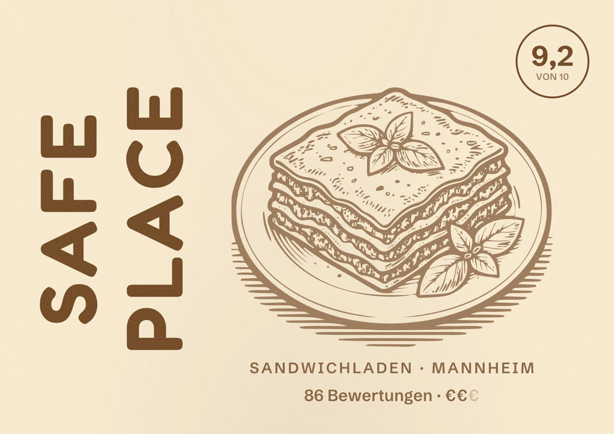 Illustriertes Poster von Safe Place, Sandwichladen in Mannheim: Bewertung 9,2 von 10 aus 86 Bewertungen, Preisniveau €€