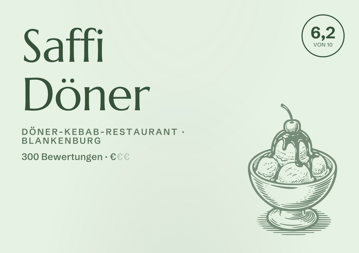 Illustriertes Poster von Saffi Döner, Döner-Kebab-Restaurant in Blankenburg: Bewertung 6,2 von 10 aus 300 Bewertungen, Preisniveau €