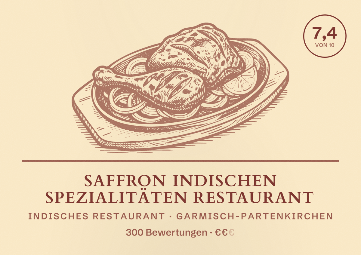 Illustriertes Poster von Saffron Indischen Spezialitäten Restaurant, Indisches Restaurant in Garmisch-Partenkirchen: Bewertung 7,4 von 10 aus 300 Bewertungen, Preisniveau €€