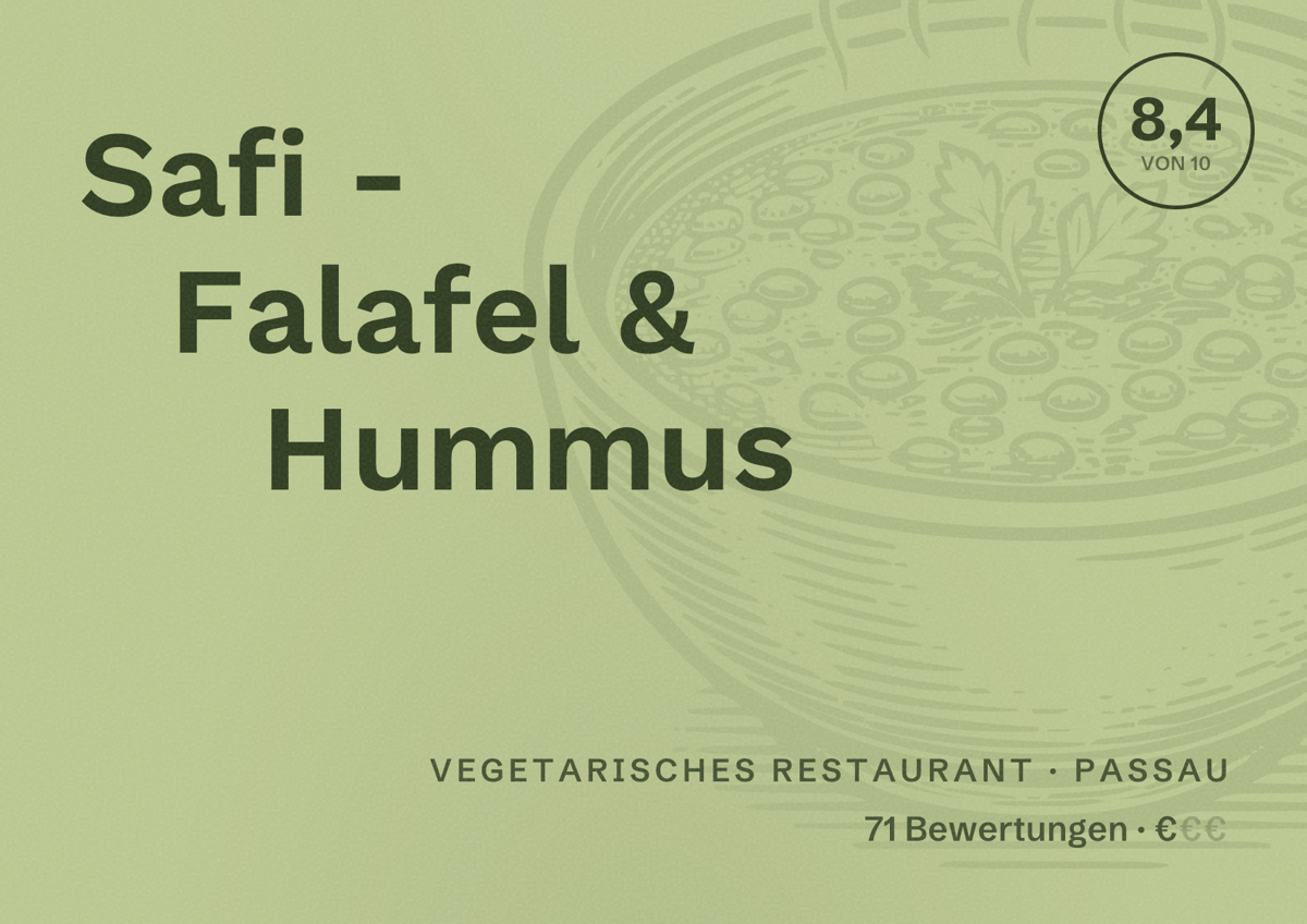 Illustriertes Poster von Safi - Falafel & Hummus, Vegetarisches Restaurant in Passau: Bewertung 8,4 von 10 aus 71 Bewertungen, Preisniveau €