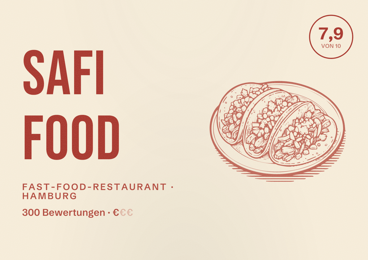 Illustriertes Poster von Safi Food, Fast-Food-Restaurant in Hamburg: Bewertung 7,9 von 10 aus 300 Bewertungen, Preisniveau €
