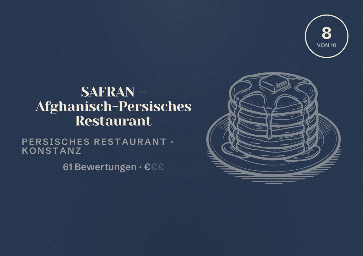 Illustriertes Poster von SAFRAN – Afghanisch-Persisches Restaurant, Persisches Restaurant in Konstanz: Bewertung 8 von 10 aus 61 Bewertungen, Preisniveau €