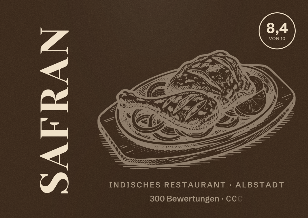 Illustriertes Poster von Safran, Indisches Restaurant in Albstadt: Bewertung 8,4 von 10 aus 300 Bewertungen, Preisniveau €€
