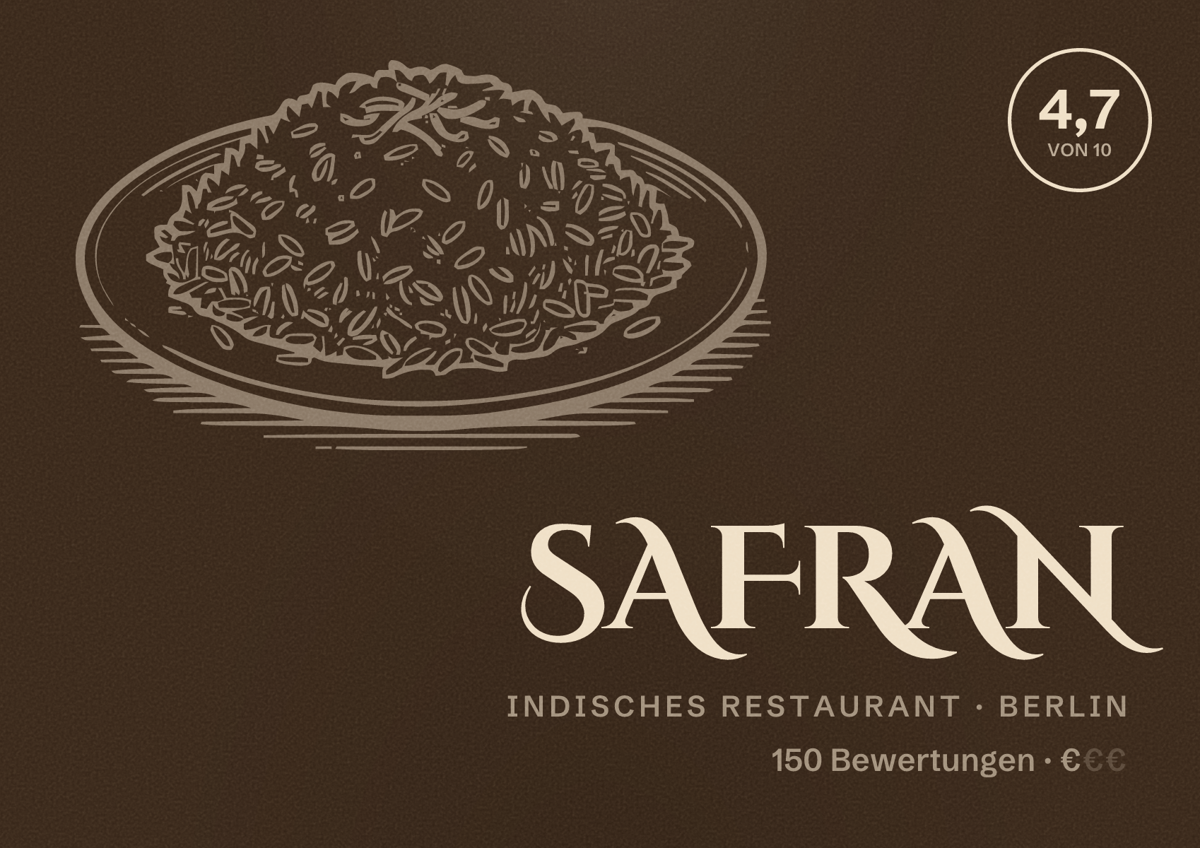 Illustriertes Poster von Safran, Indisches Restaurant in Berlin: Bewertung 4,7 von 10 aus 150 Bewertungen, Preisniveau €