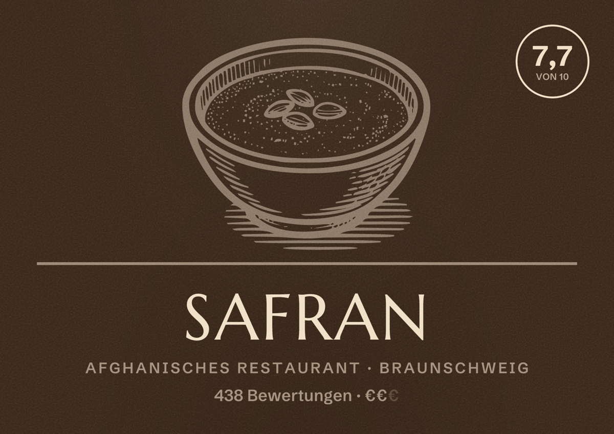 Illustriertes Poster von Safran, Afghanisches Restaurant in Braunschweig: Bewertung 7,7 von 10 aus 438 Bewertungen, Preisniveau €€
