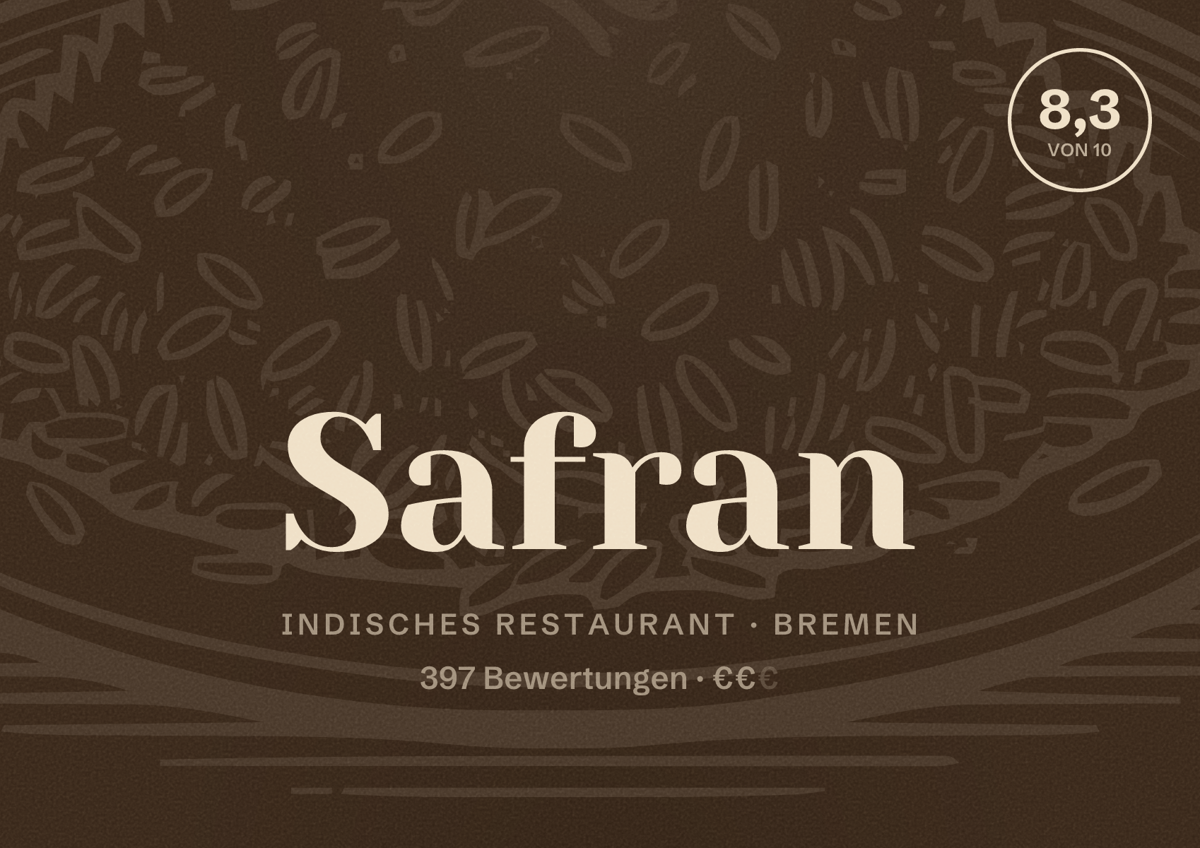 Illustriertes Poster von Safran, Indisches Restaurant in Bremen: Bewertung 8,3 von 10 aus 397 Bewertungen, Preisniveau €€