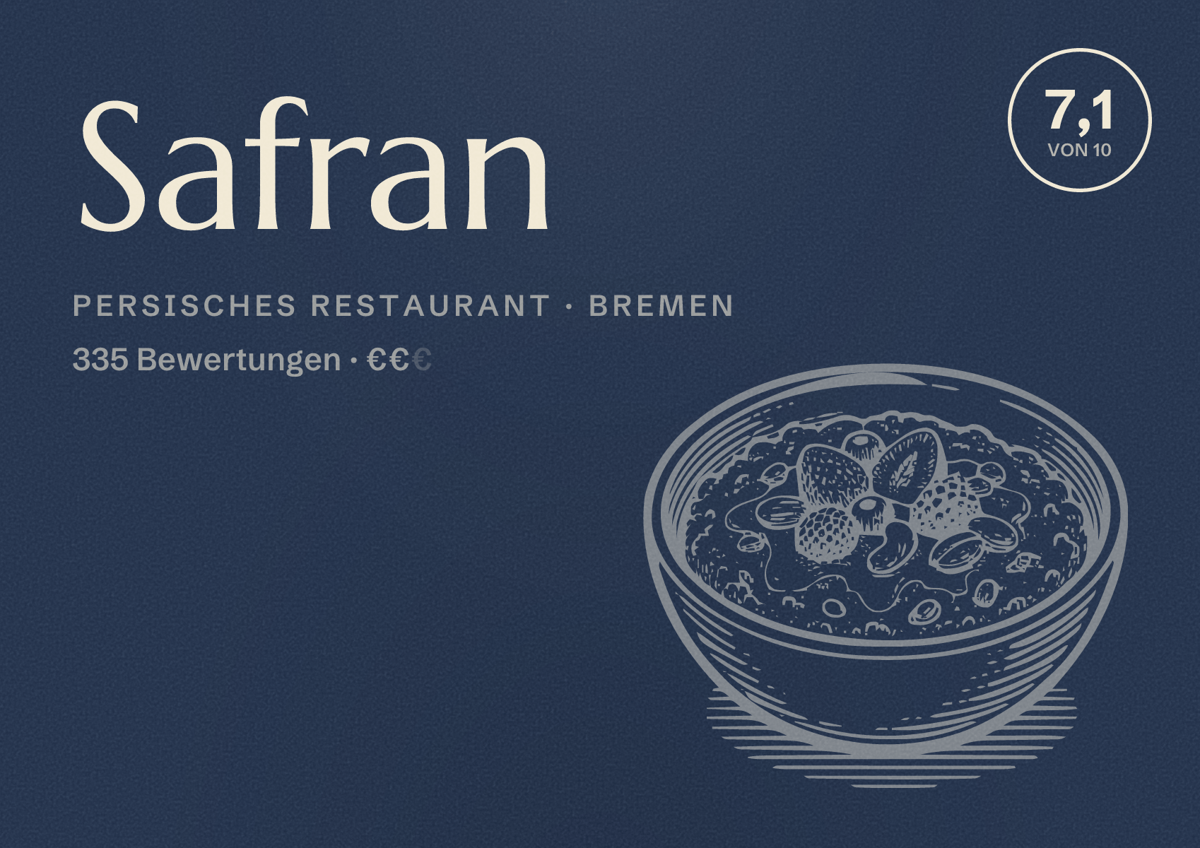 Illustriertes Poster von Safran, Persisches Restaurant in Bremen: Bewertung 7,1 von 10 aus 335 Bewertungen, Preisniveau €€