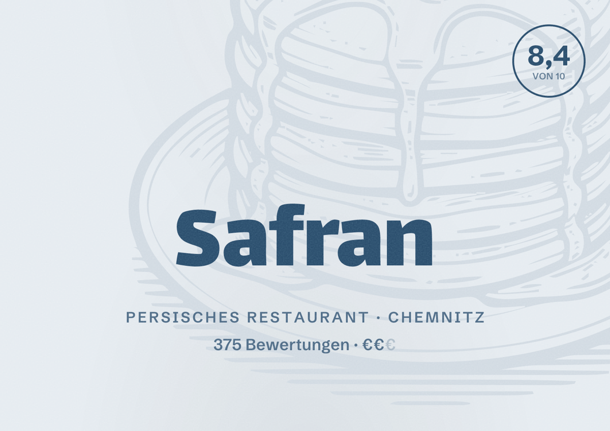 Illustriertes Poster von Safran, Persisches Restaurant in Chemnitz: Bewertung 8,4 von 10 aus 375 Bewertungen, Preisniveau €€
