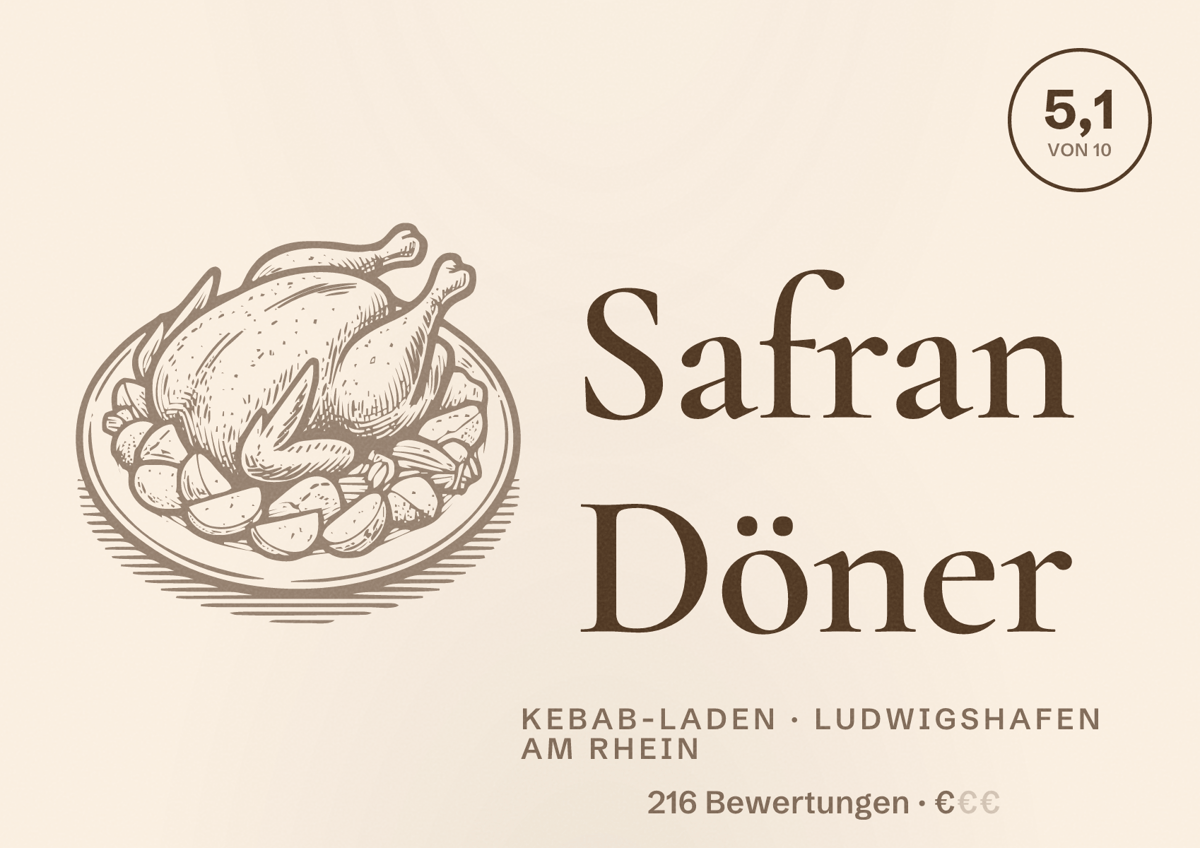 Illustriertes Poster von Safran Döner, Kebab-Laden in Ludwigshafen am Rhein: Bewertung 5,1 von 10 aus 216 Bewertungen, Preisniveau €