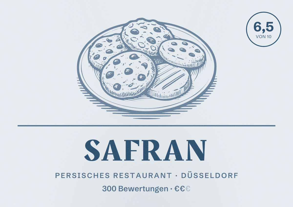 Illustriertes Poster von Safran, Persisches Restaurant in Düsseldorf: Bewertung 6,5 von 10 aus 300 Bewertungen, Preisniveau €€