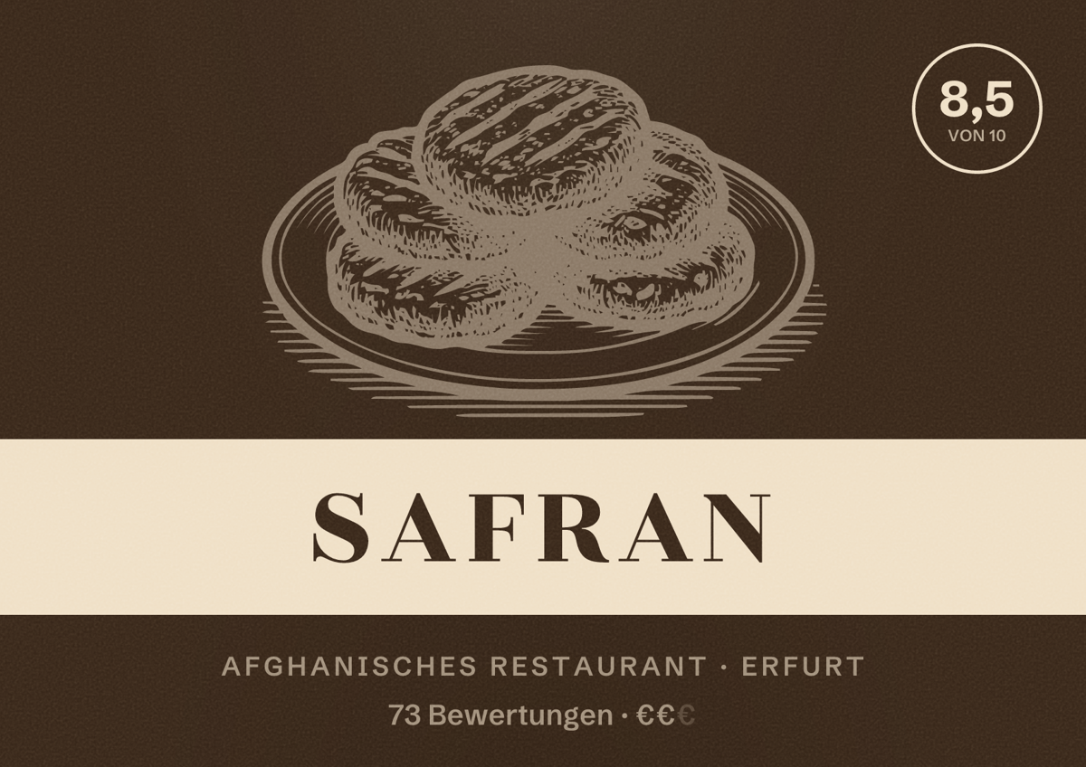 Illustriertes Poster von Safran, Afghanisches Restaurant in Erfurt: Bewertung 8,5 von 10 aus 73 Bewertungen, Preisniveau €€