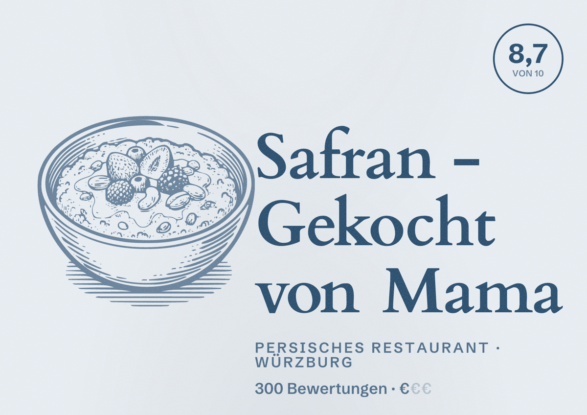 Illustriertes Poster von Safran - Gekocht von Mama, Persisches Restaurant in Würzburg: Bewertung 8,7 von 10 aus 300 Bewertungen, Preisniveau €