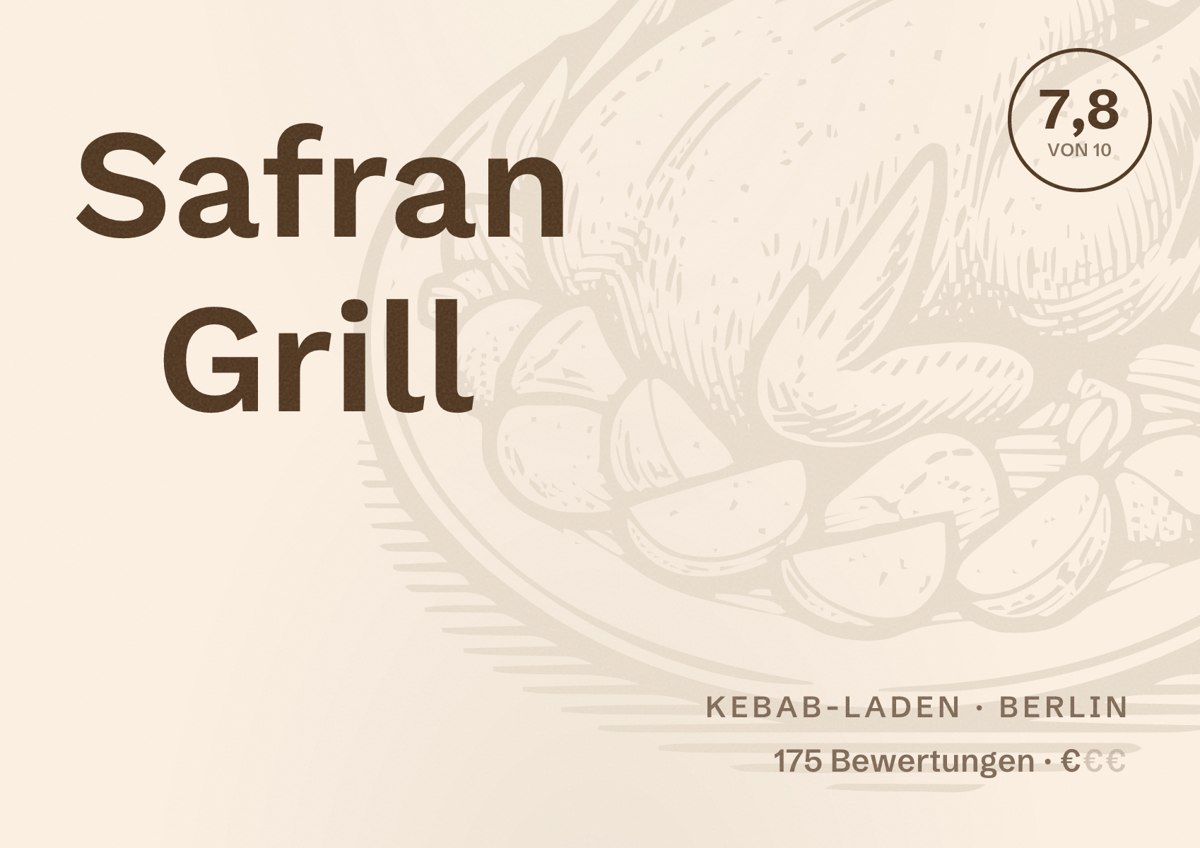 Illustriertes Poster von Safran Grill, Kebab-Laden in Berlin: Bewertung 7,8 von 10 aus 175 Bewertungen, Preisniveau €