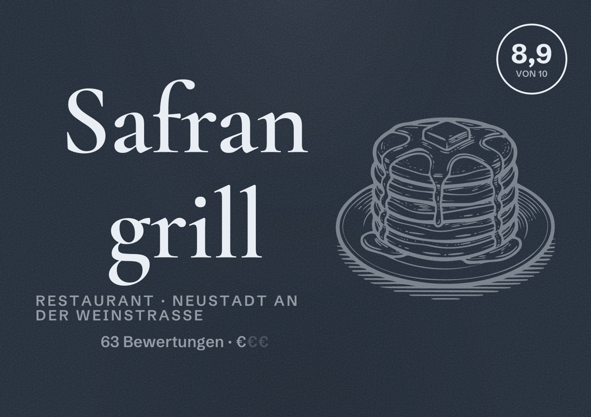 Illustriertes Poster von Safran grill, Restaurant in Neustadt an der Weinstraße: Bewertung 8,9 von 10 aus 63 Bewertungen, Preisniveau €
