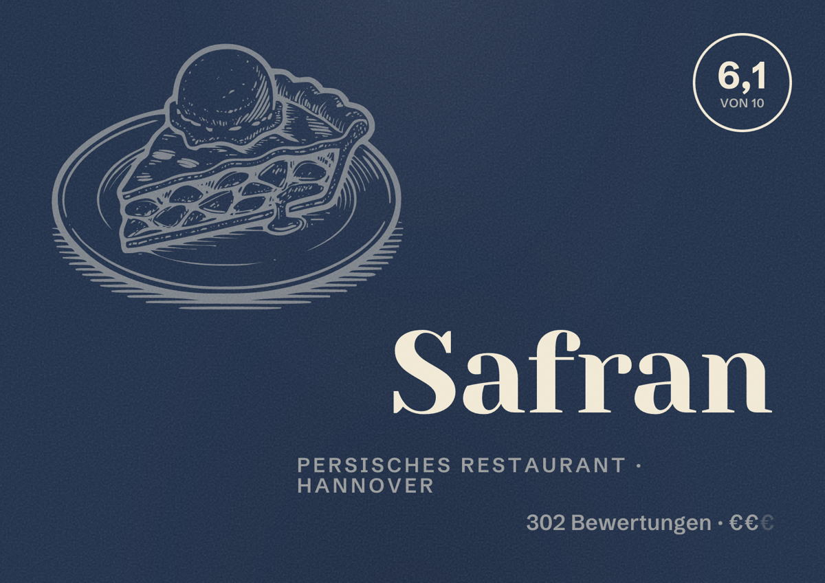 Illustriertes Poster von Safran, Persisches Restaurant in Hannover: Bewertung 6,1 von 10 aus 302 Bewertungen, Preisniveau €€