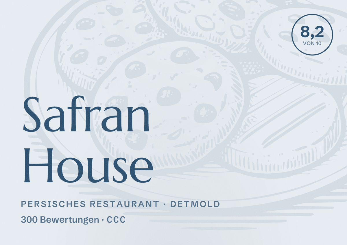 Illustriertes Poster von Safran House, Persisches Restaurant in Detmold: Bewertung 8,2 von 10 aus 300 Bewertungen, Preisniveau €€€