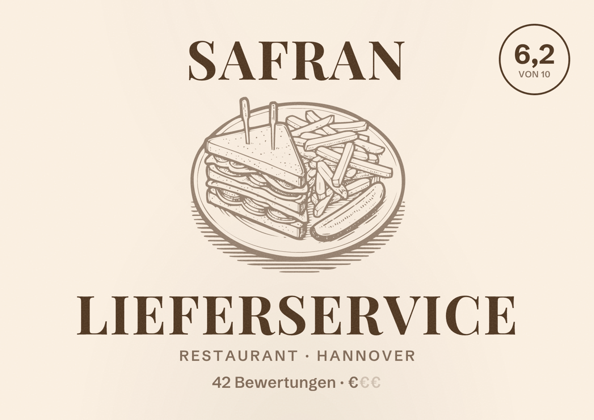Illustriertes Poster von Safran Lieferservice, Restaurant in Hannover: Bewertung 6,2 von 10 aus 42 Bewertungen, Preisniveau €