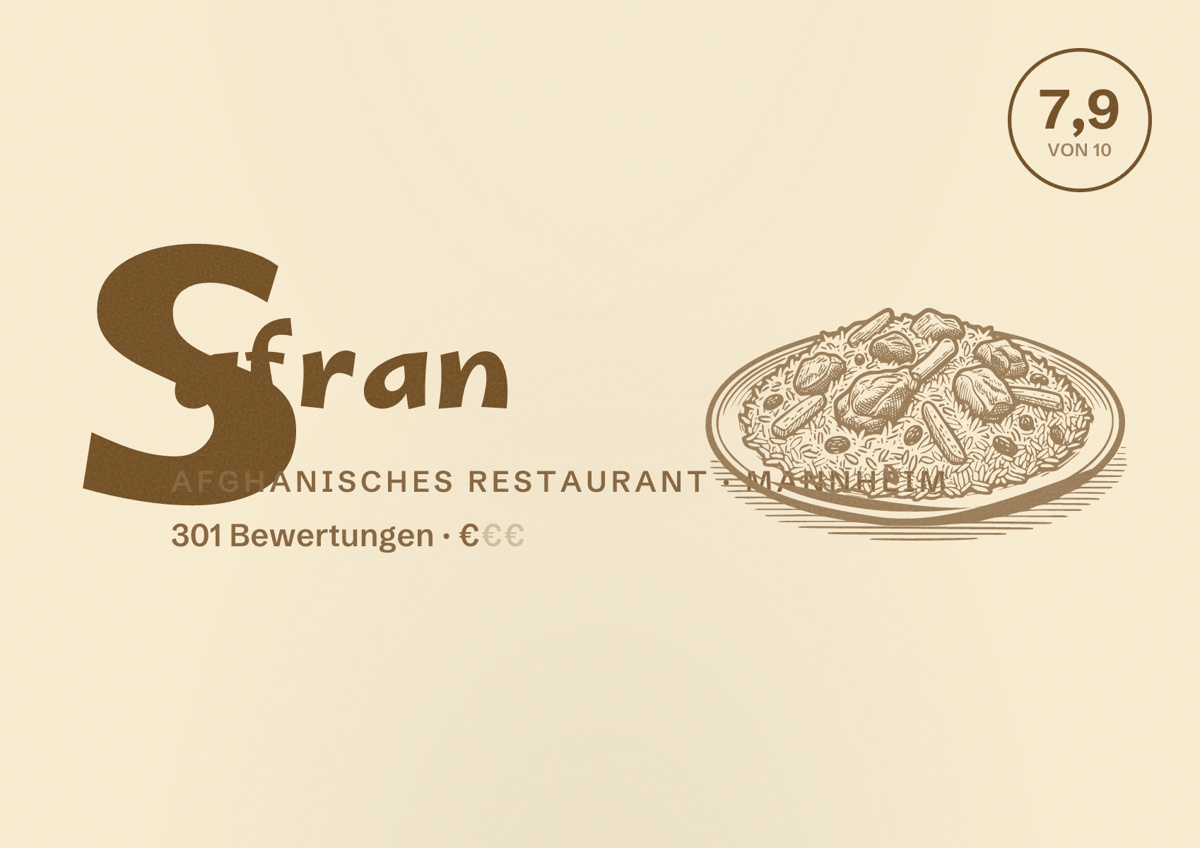 Illustriertes Poster von Safran, Afghanisches Restaurant in Mannheim: Bewertung 7,9 von 10 aus 301 Bewertungen, Preisniveau €