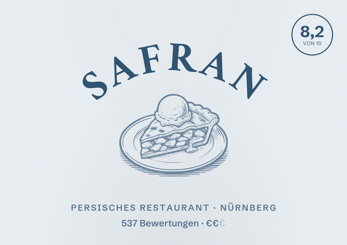Illustriertes Poster von Safran, Persisches Restaurant in Nürnberg: Bewertung 8,2 von 10 aus 537 Bewertungen, Preisniveau €€