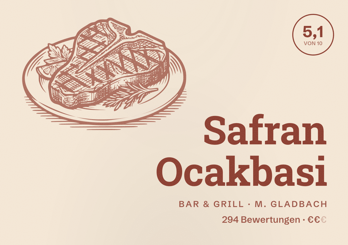 Illustriertes Poster von Safran Ocakbasi, Bar & Grill in M. Gladbach: Bewertung 5,1 von 10 aus 294 Bewertungen, Preisniveau €€