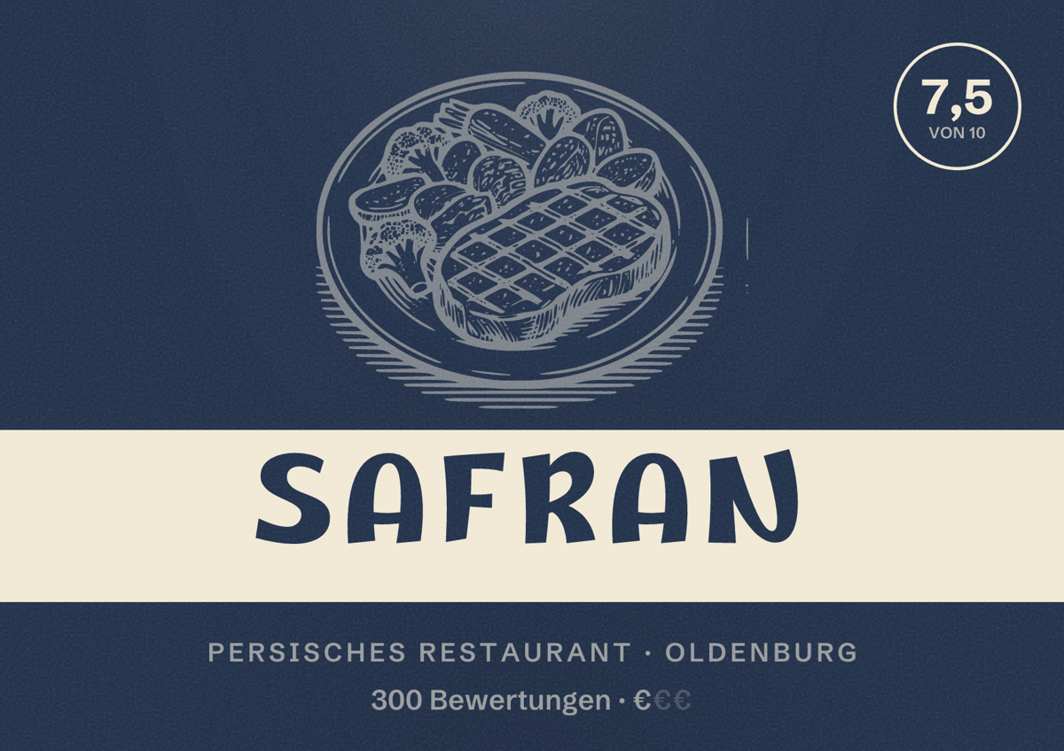 Illustriertes Poster von Safran, Persisches Restaurant in Oldenburg: Bewertung 7,5 von 10 aus 300 Bewertungen, Preisniveau €
