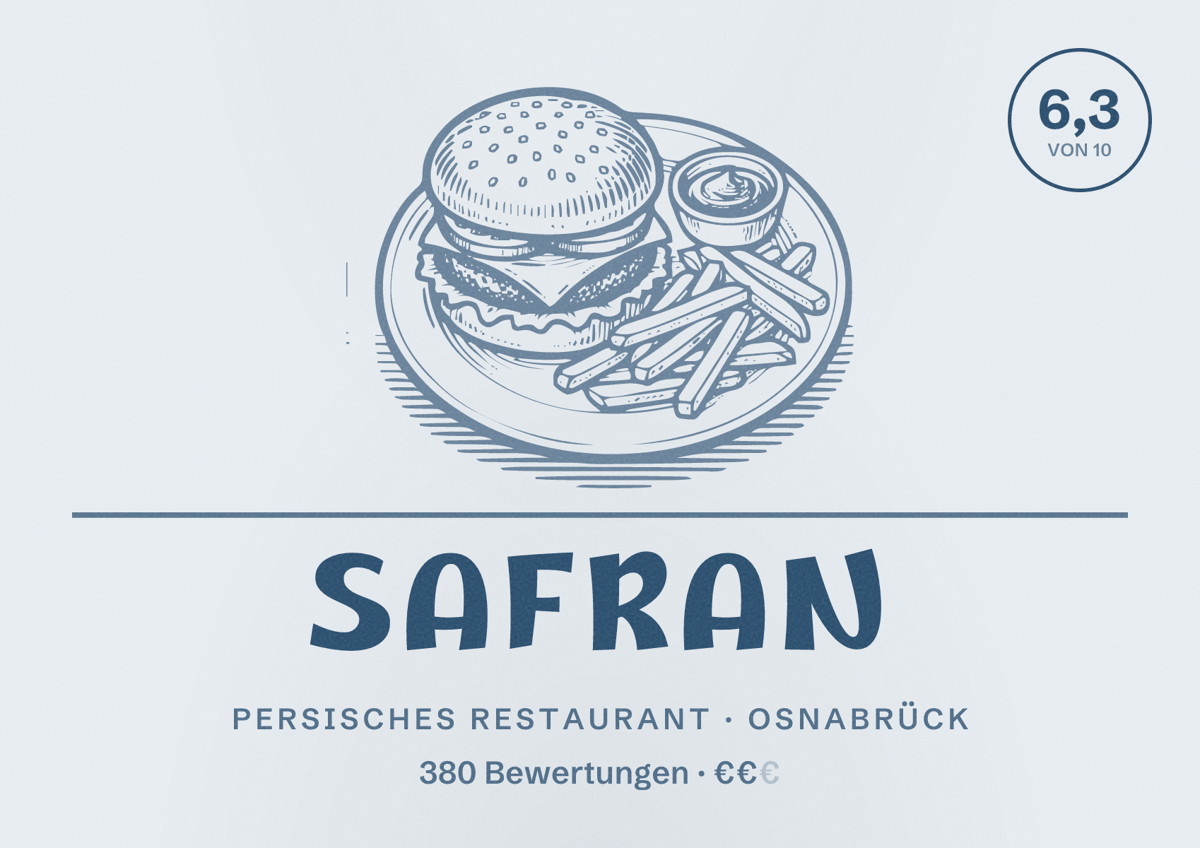 Illustriertes Poster von Safran, Persisches Restaurant in Osnabrück: Bewertung 6,3 von 10 aus 380 Bewertungen, Preisniveau €€