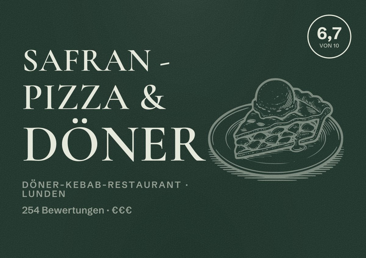 Illustriertes Poster von Safran - Pizza & Döner, Döner-Kebab-Restaurant in Lunden: Bewertung 6,7 von 10 aus 254 Bewertungen, Preisniveau €€€
