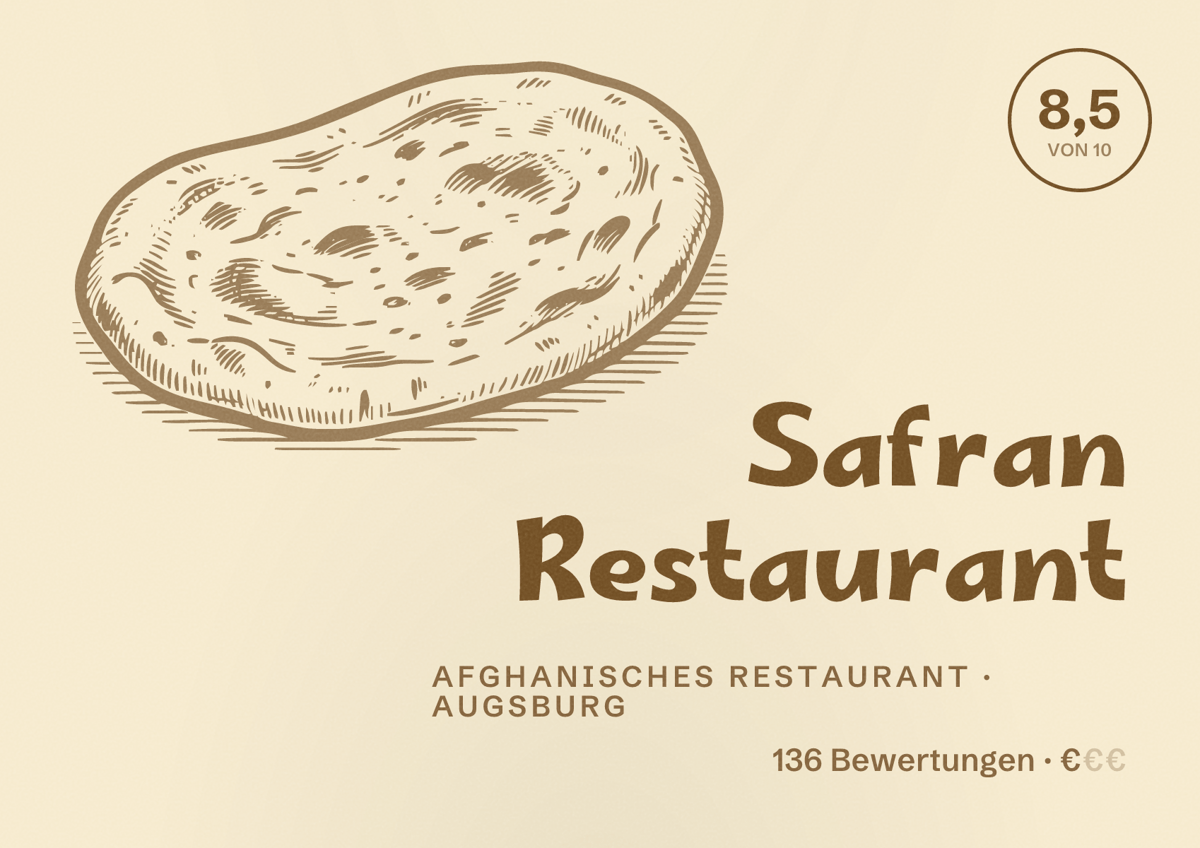 Illustriertes Poster von Safran Restaurant, Afghanisches Restaurant in Augsburg: Bewertung 8,5 von 10 aus 136 Bewertungen, Preisniveau €