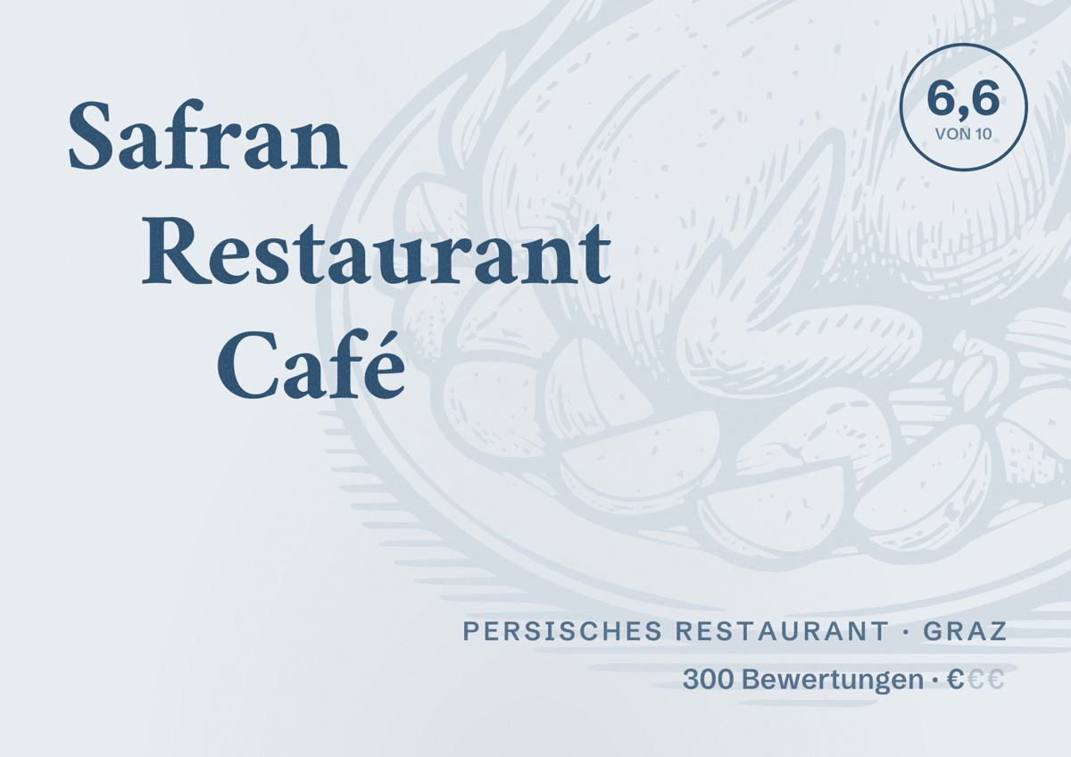 Illustriertes Poster von Safran Restaurant Café, Persisches Restaurant in Graz: Bewertung 6,6 von 10 aus 300 Bewertungen, Preisniveau €