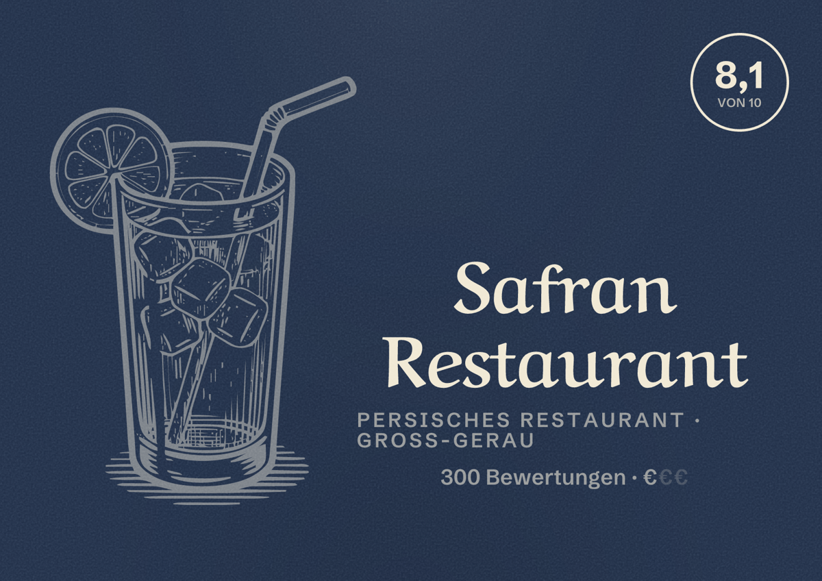 Illustriertes Poster von Safran Restaurant, Persisches Restaurant in Groß-Gerau: Bewertung 8,1 von 10 aus 300 Bewertungen, Preisniveau €