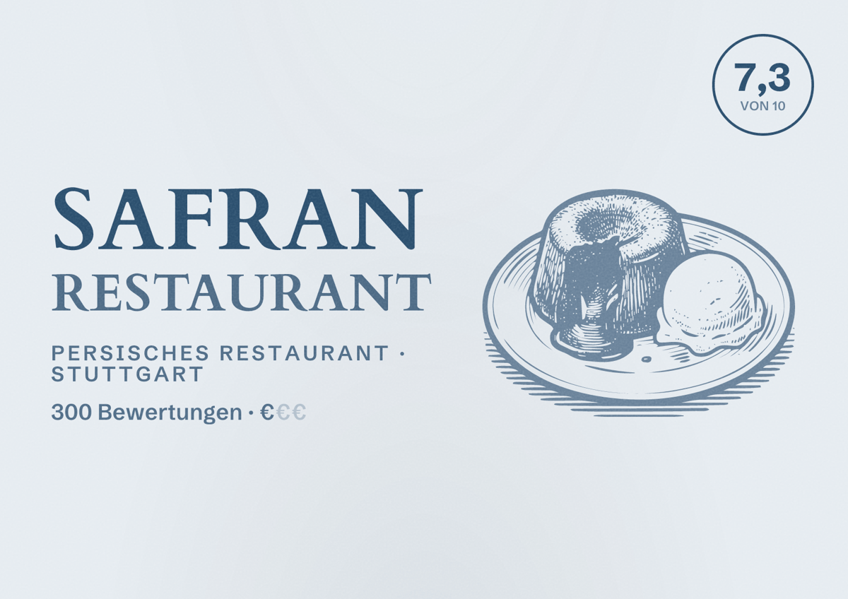 Illustriertes Poster von Safran Restaurant, Persisches Restaurant in Stuttgart: Bewertung 7,3 von 10 aus 300 Bewertungen, Preisniveau €
