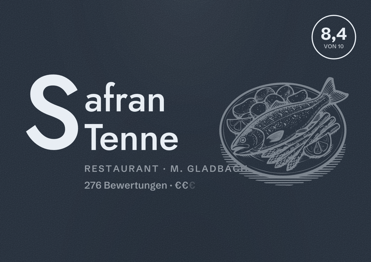 Illustriertes Poster von Safran Tenne, Restaurant in M. Gladbach: Bewertung 8,4 von 10 aus 276 Bewertungen, Preisniveau €€